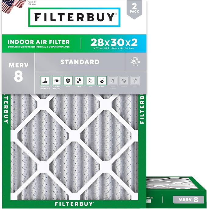 Filterbuy 28x30x2 Air Filter MERV 8 Essential Dust & Allergy Defense, by Filterbuy