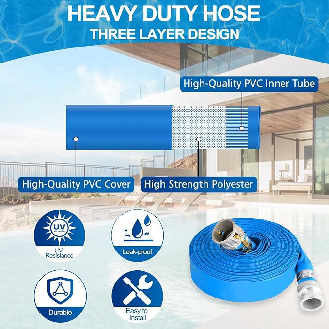 2" x 100 ft Backwash Hose for Swimming Pools, Heavy Duty PVC Water Lay Flat - Image 3