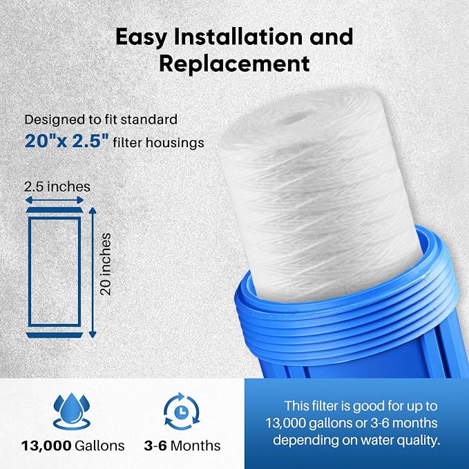 PUREPLUS 5 Micron 2.5" x 20" Whole House String Wound Sediment Filter - Image 6