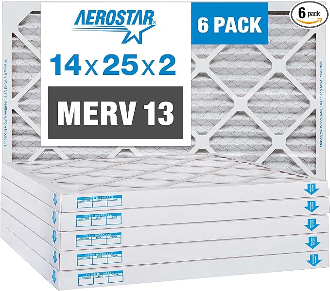 Aerostar 14x25x2 MERV 13 Pleated Air Filter, AC Furnace Air Filter, 6 Pack by AirFiltersDelivered