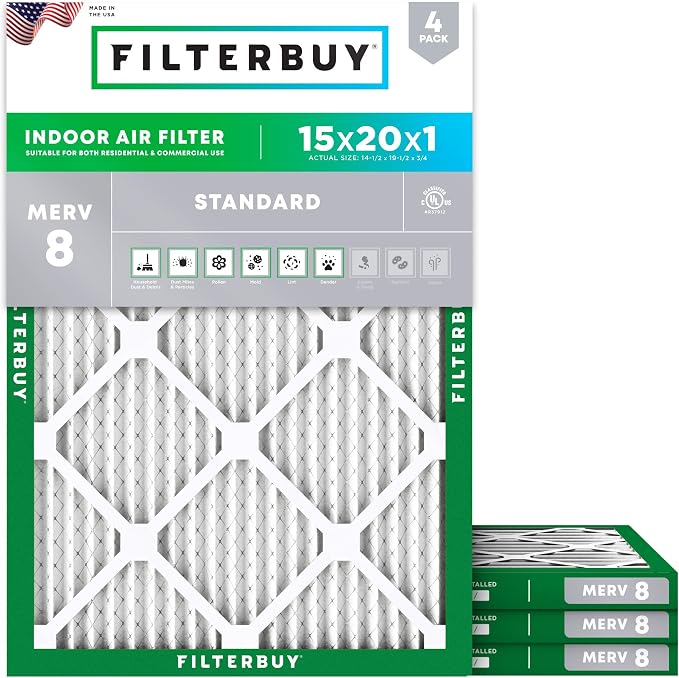 Filterbuy 15x20x1 Air Filter MERV 8 Essential Dust & Allergy Defense, by Filterbuy