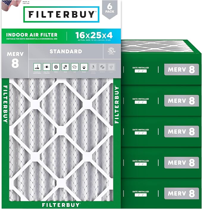 Filterbuy 16x25x4 Air Filter MERV 8 Essential Dust & Allergy Defense, by Filterbuy