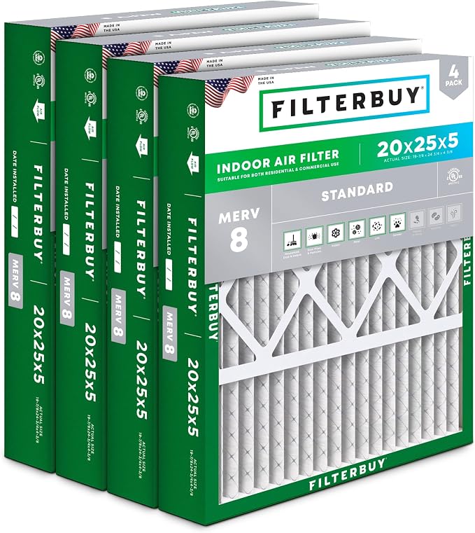 Filterbuy 20x25x5 Air Filter MERV 8 Essential Dust & Allergy Defense, Pleated by Filterbuy