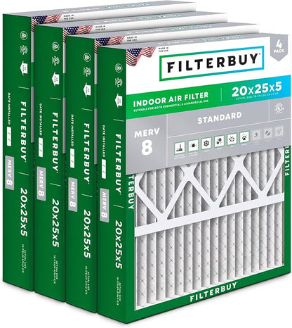 Filterbuy 20x25x5 Air Filter MERV 8 Essential Dust & Allergy Defense, Pleated by Filterbuy