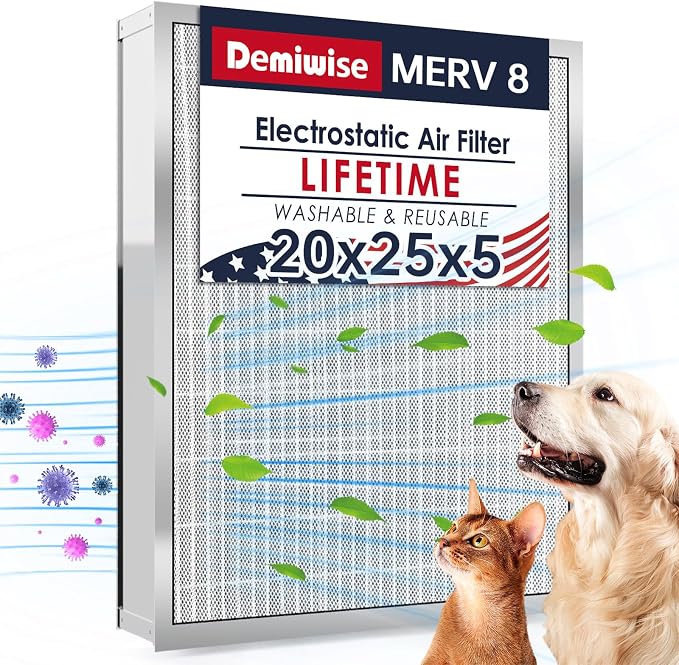 20x25x5 Washable Electrostatic Air Filter, MERV 8 Aluminum AC/HVAC Furnace by Demiwise