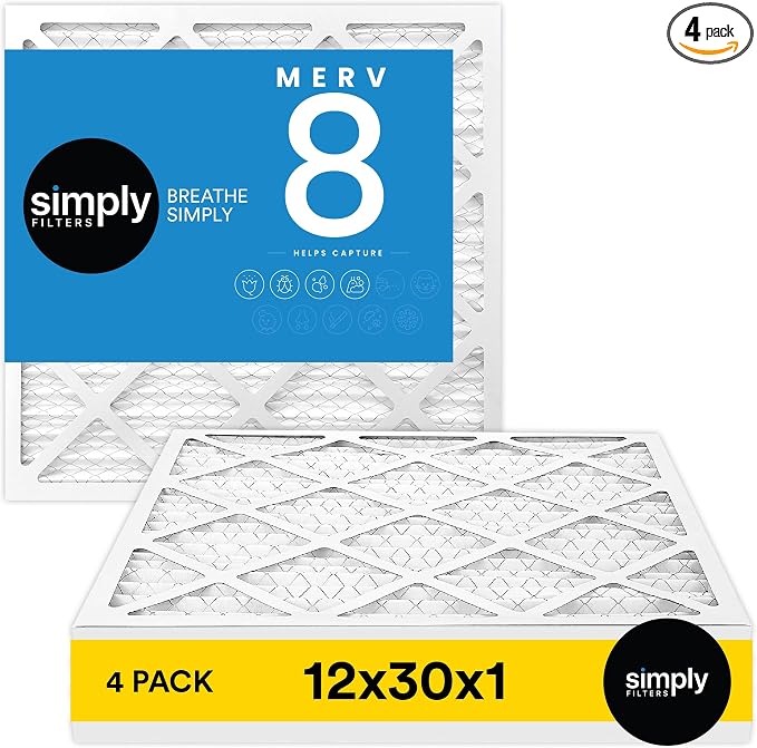 Simply 12x30x1 Air Filter, Merv 8, 4 Pack, by SimplyFilters