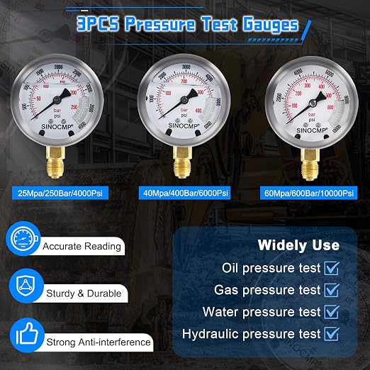 SINOCMP Hydraulic Pressure Gauge Test Kit Tractor Hydraulic Tester Set - Image 2